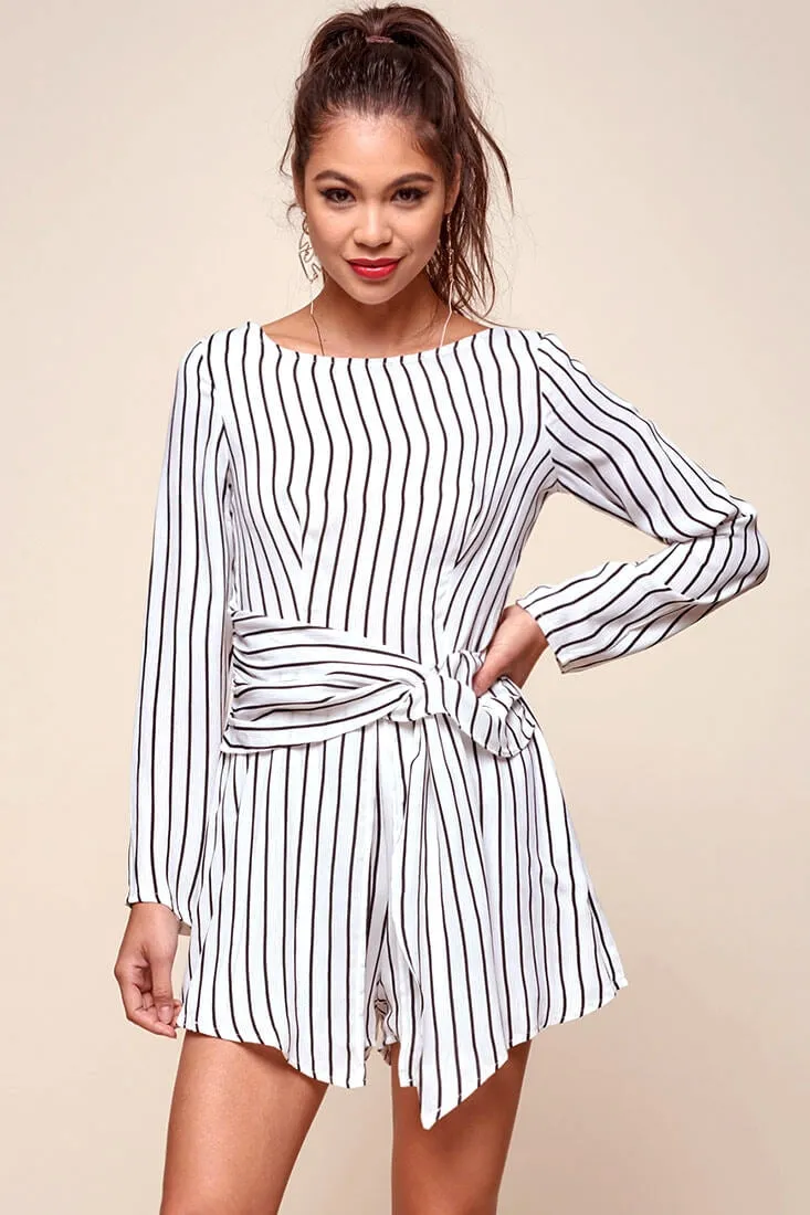 Abbey Waist Tie Pinstripe Romper White & Black