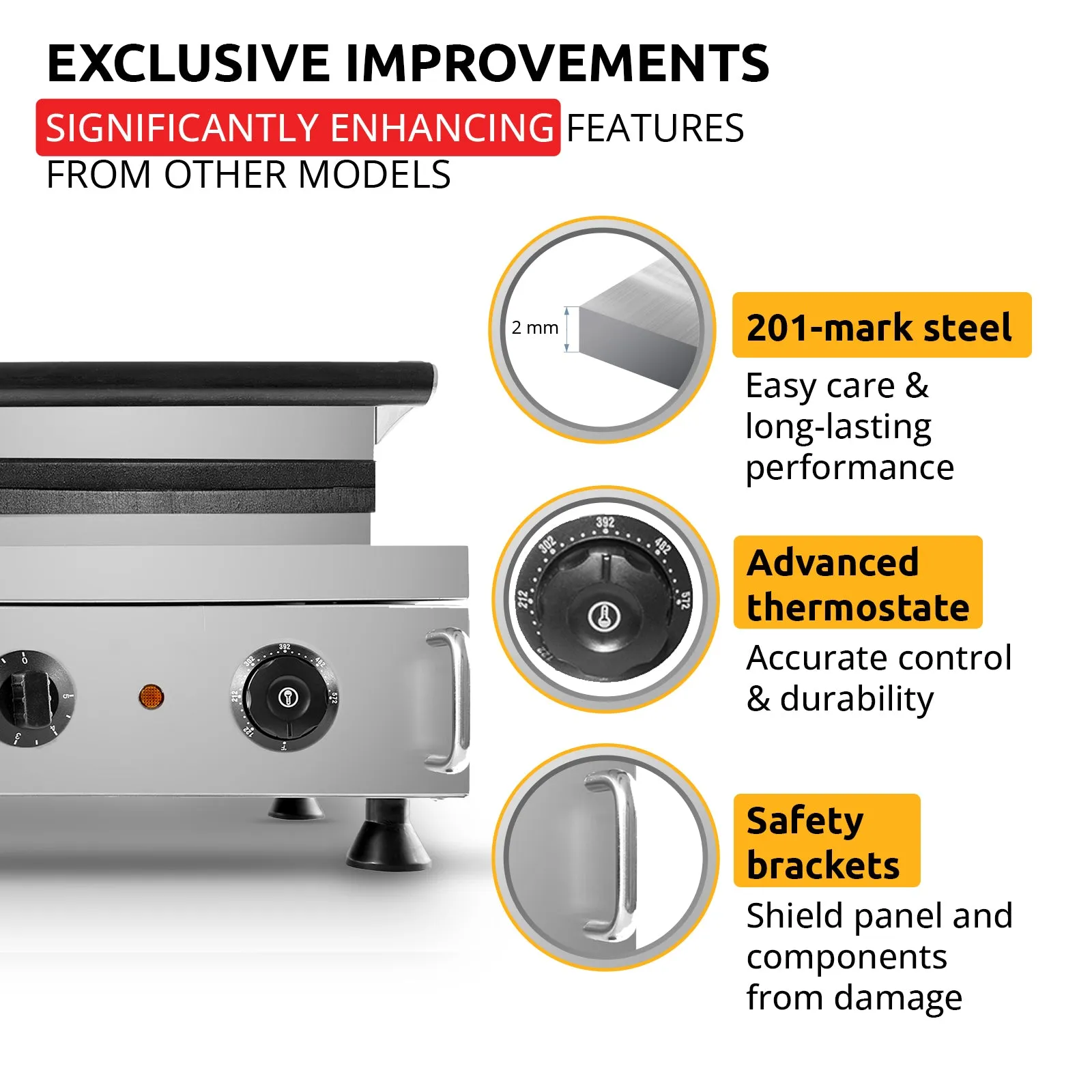 AP-506 Stainless Steel Rectangular Waffle Iron - Press Type, Makes 6 Belgian Waffles, Nonstick Coating