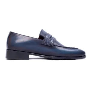 Blue Leather Shoes with Crocodile Detailing