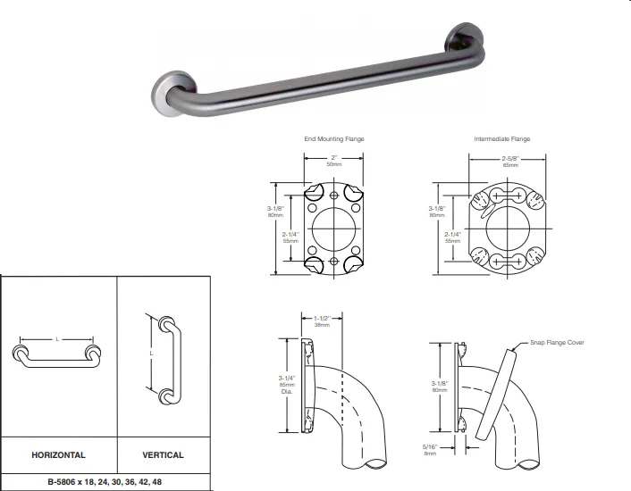 Bobrick B-5806 Series 1-1/4" Dia Satinless Grab Bar