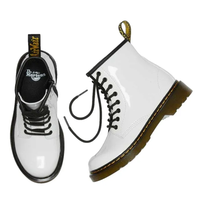 Dr Martens kids 1460 J Junior Lace Up Boot w/zip White Patent