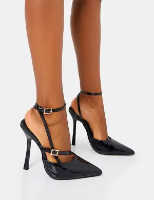 Idol Black Patent Buckle Strappy Detail Stiletto Court High Heels