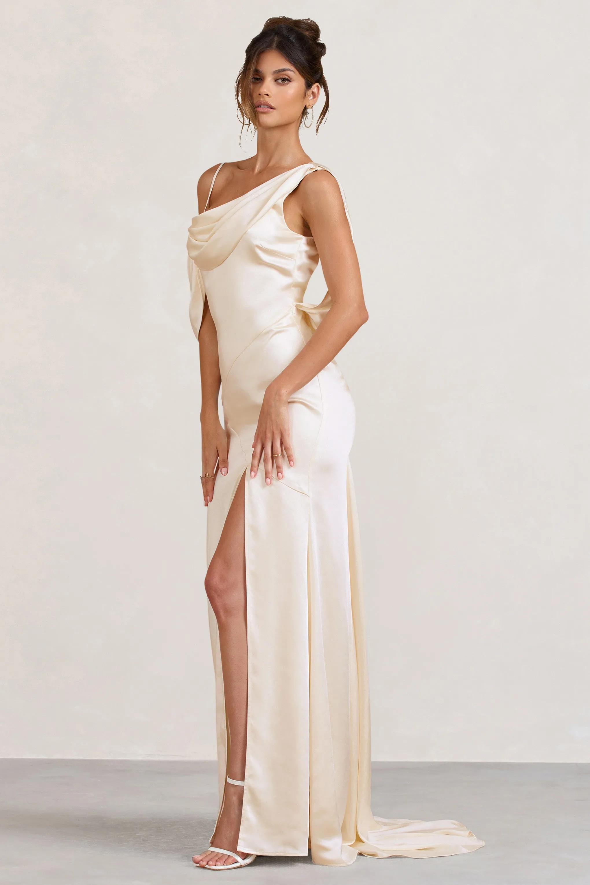 Jayne | Cream Satin Asymmetric Draped Split Maxi Dress