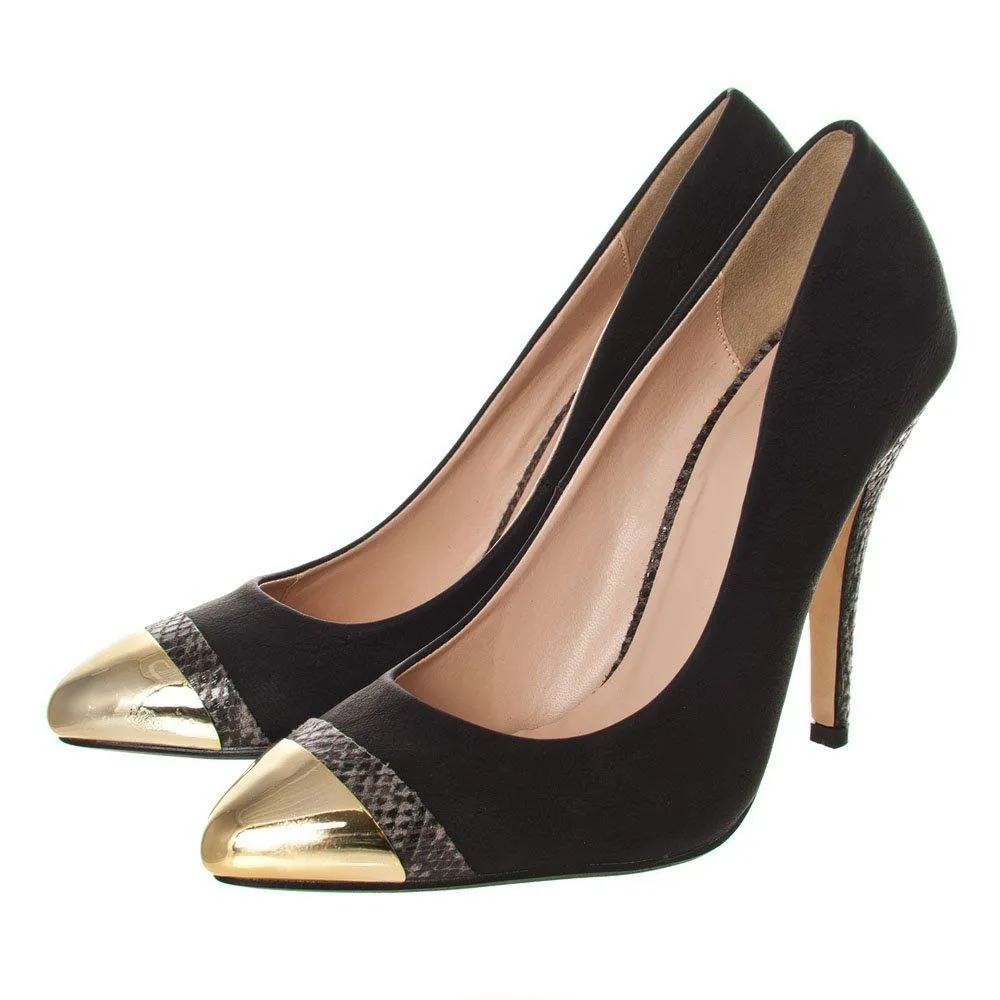 Kelly Pointy Toe Slim High Heel Gladiator Court Shoe With A Gold Metal Cap