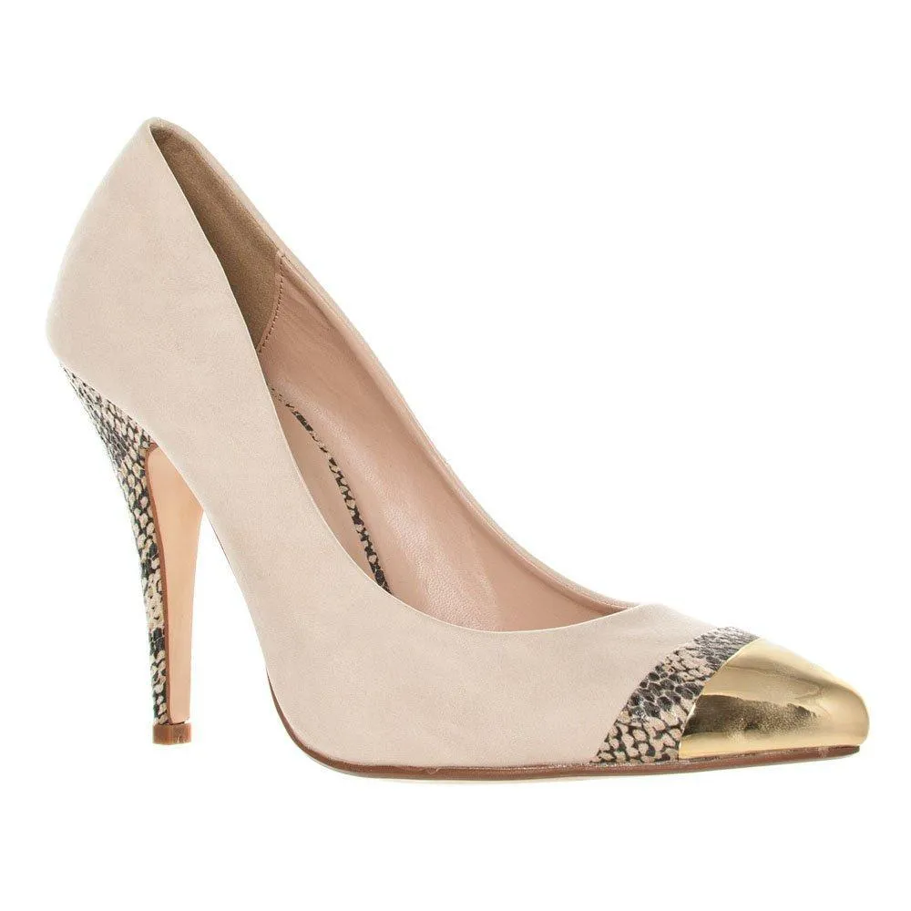 Kelly Pointy Toe Slim High Heel Gladiator Court Shoe With A Gold Metal Cap