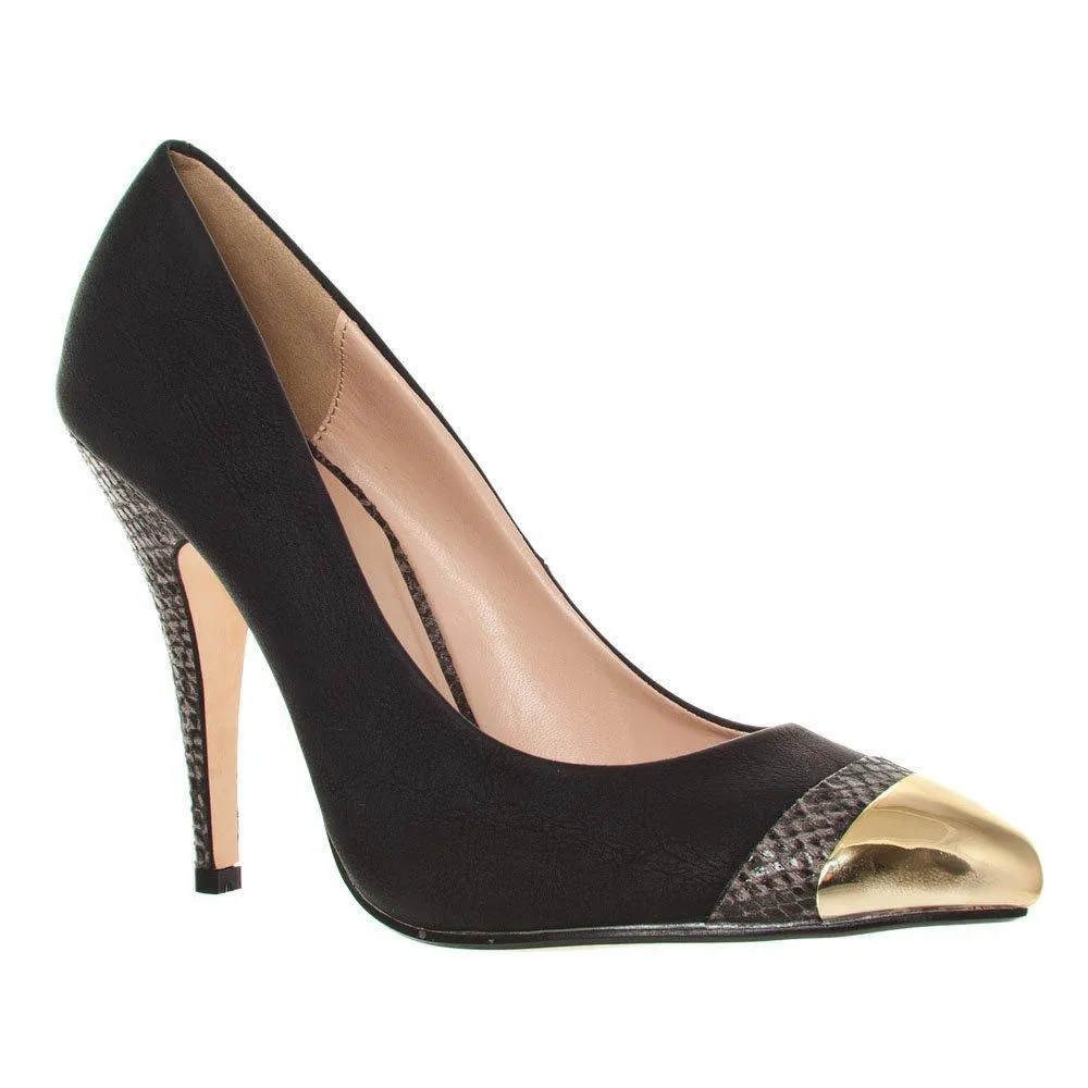 Kelly Pointy Toe Slim High Heel Gladiator Court Shoe With A Gold Metal Cap