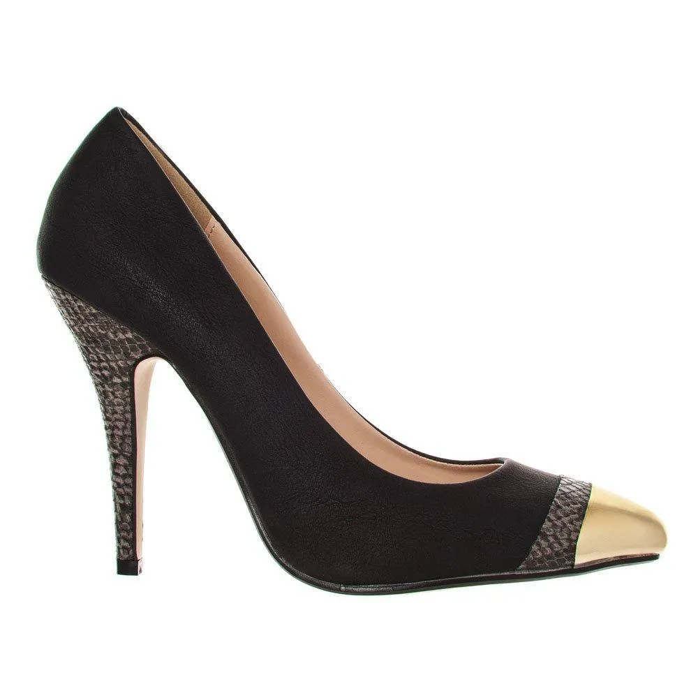 Kelly Pointy Toe Slim High Heel Gladiator Court Shoe With A Gold Metal Cap