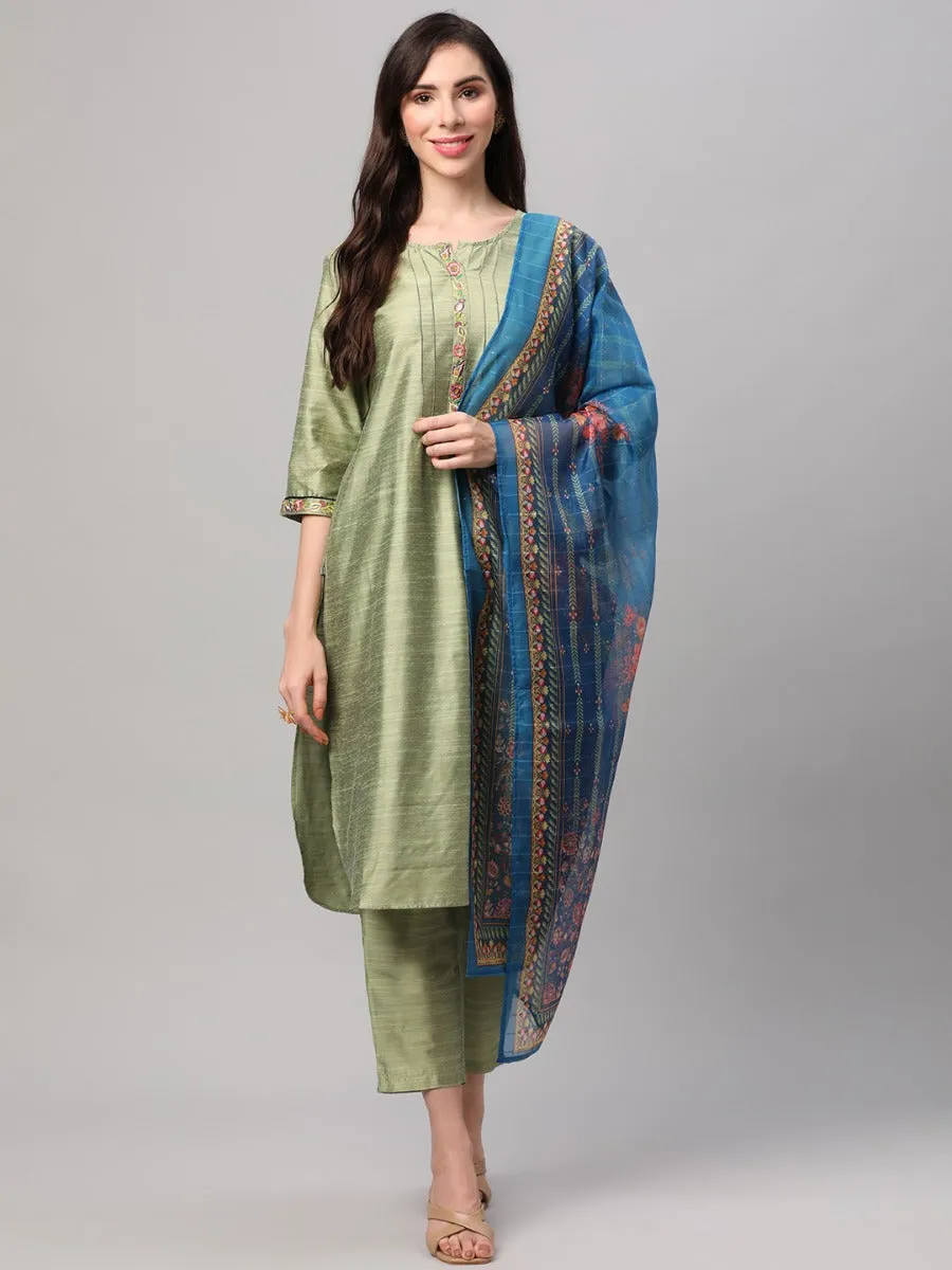 Lime Green Solid Kurta Trouser Dupatta