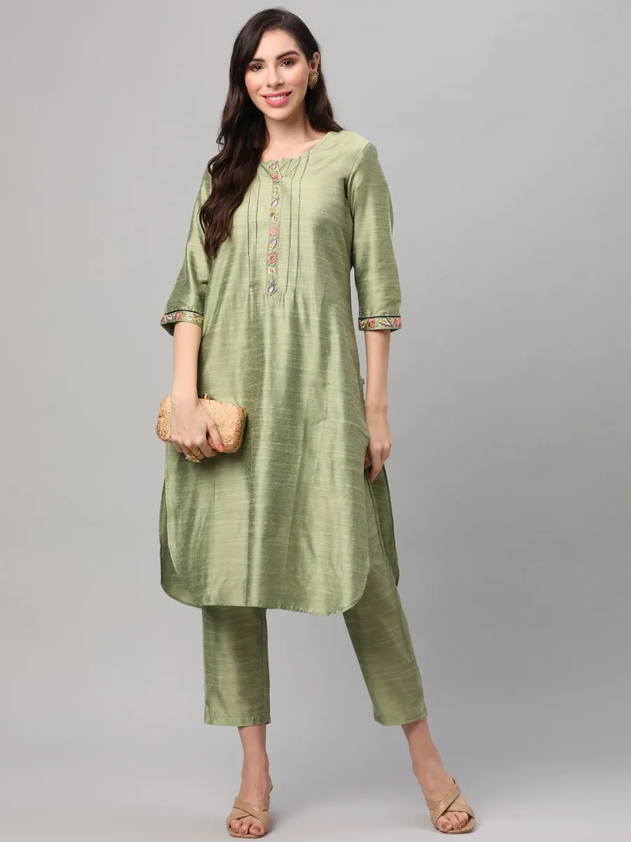 Lime Green Solid Kurta Trouser Dupatta