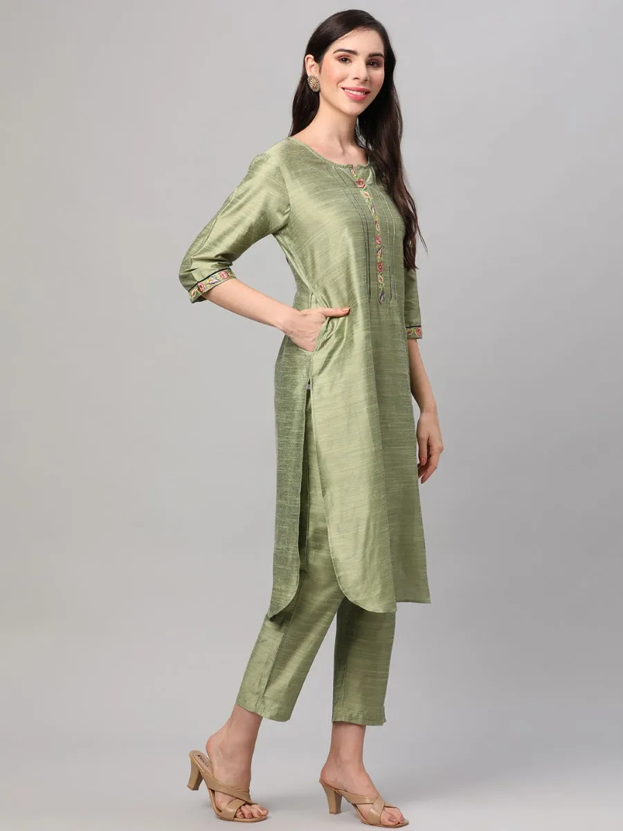 Lime Green Solid Kurta Trouser Dupatta