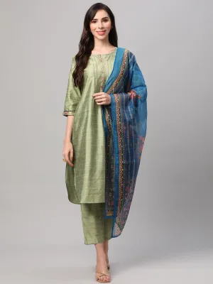 Lime Green Solid Kurta Trouser Dupatta