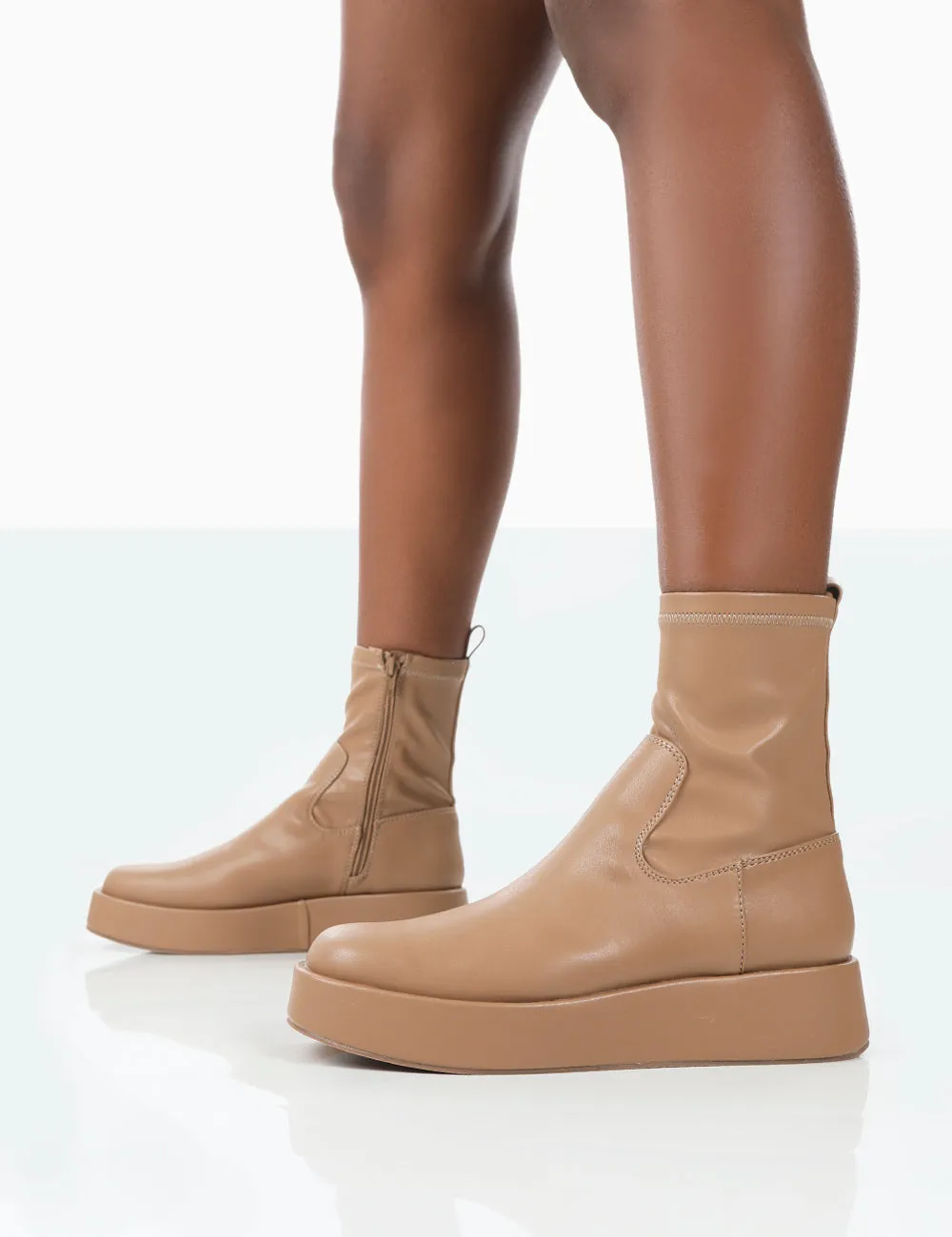 Not Okay Nude Pu Chunky Sole Platform Sock Ankle Boots