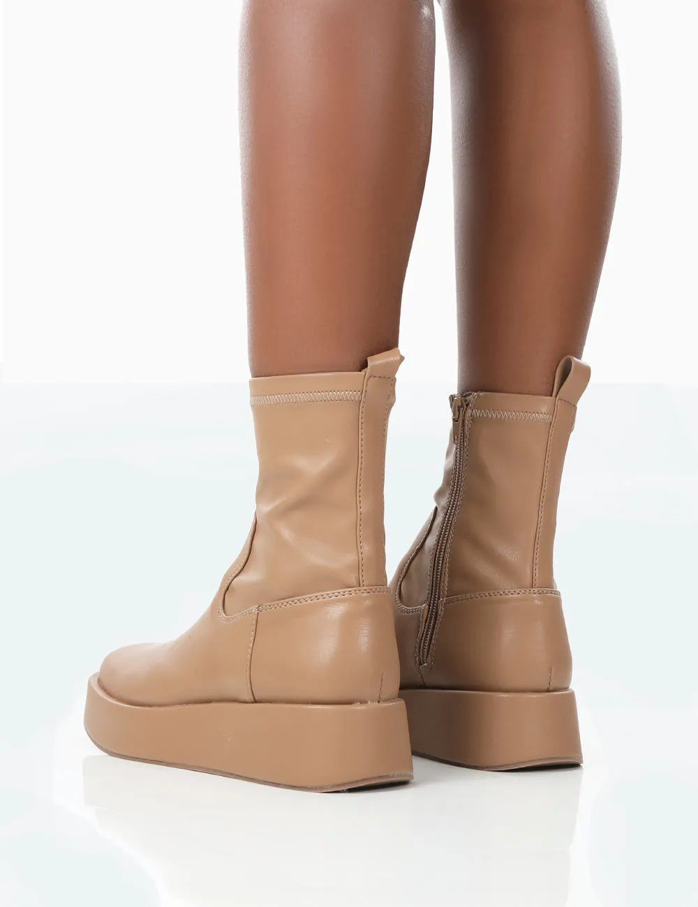 Not Okay Nude Pu Chunky Sole Platform Sock Ankle Boots