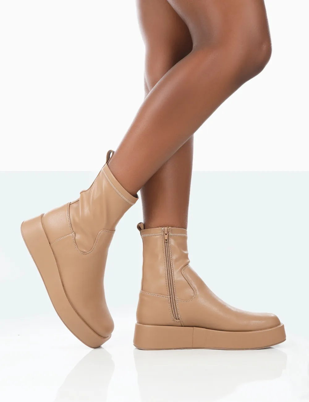 Not Okay Nude Pu Chunky Sole Platform Sock Ankle Boots