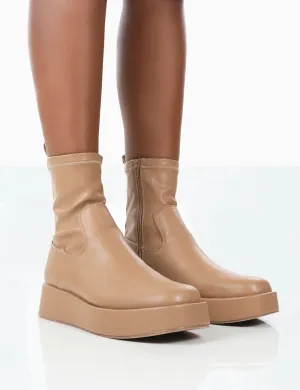 Not Okay Nude Pu Chunky Sole Platform Sock Ankle Boots