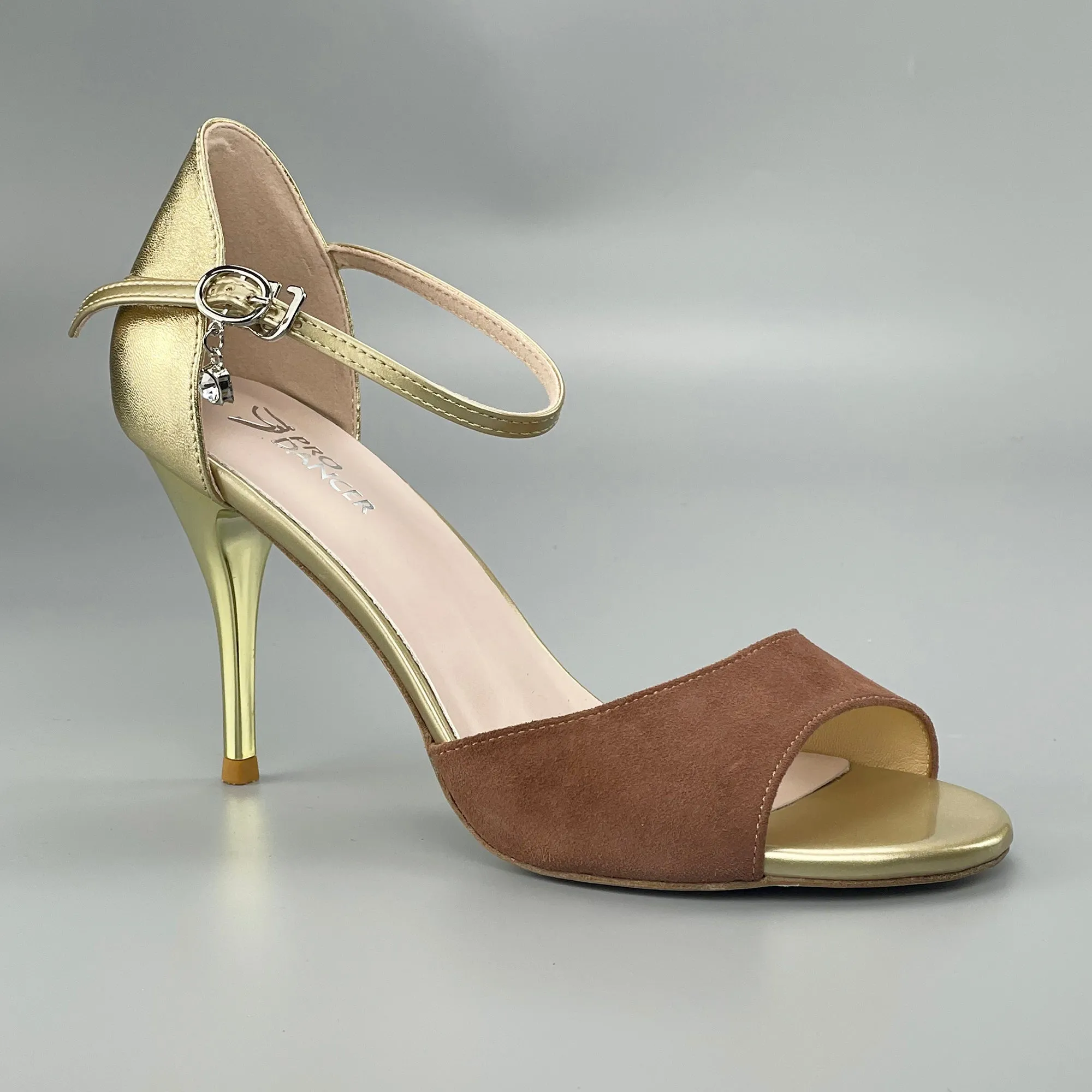 Open-toe Professional Tango Shoes Closed-back High Heels Hard Leather Sole Brown and Gold