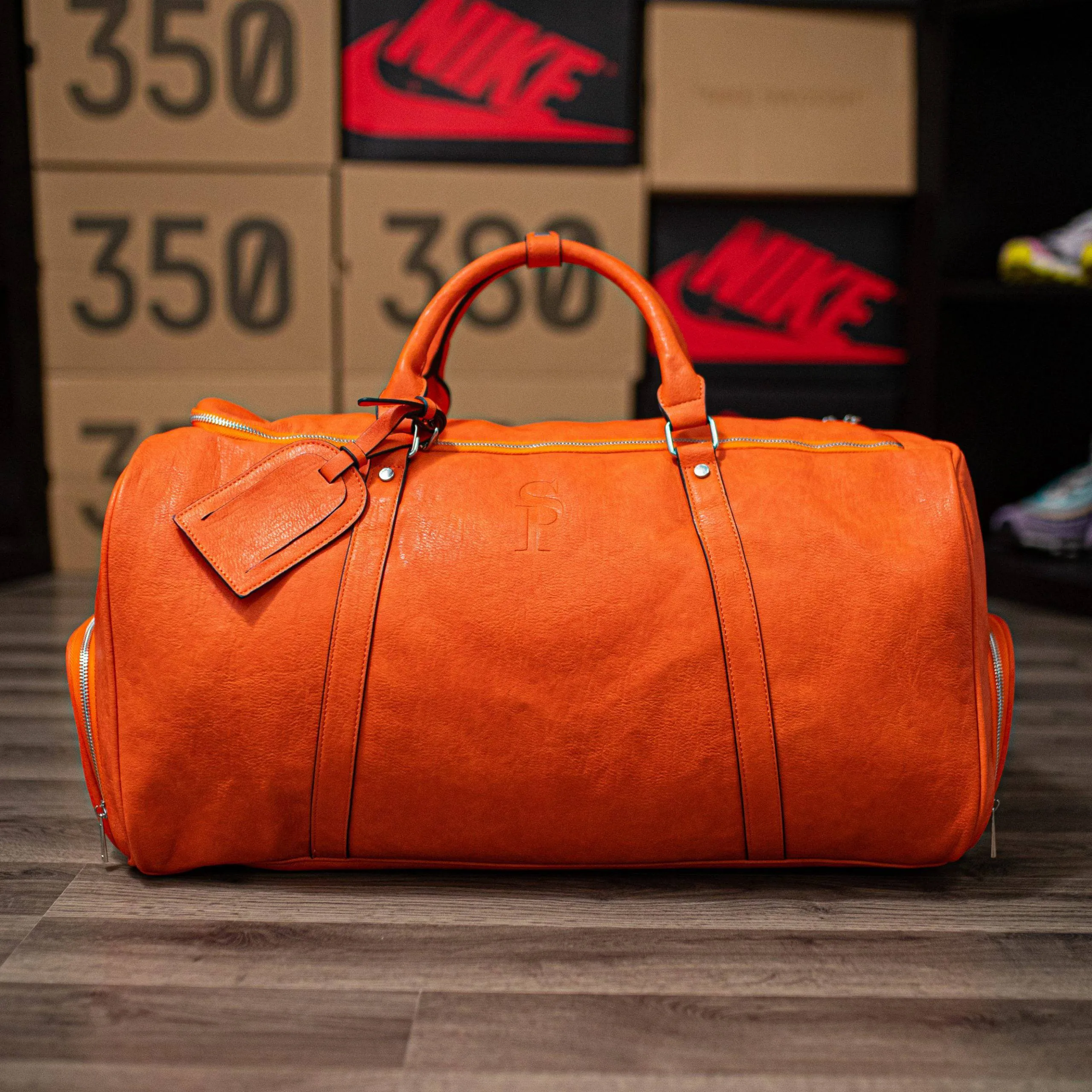 Orange Tumbled Leather Duffle Bag