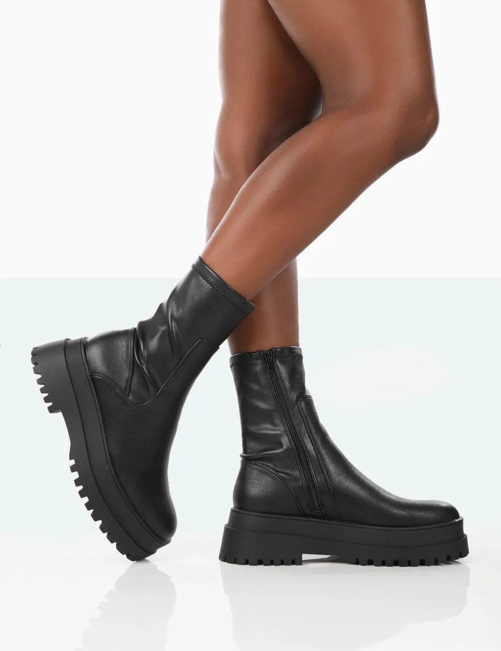 Rusty Black Pu Chunky Sole Platform Sock Ankle Boots