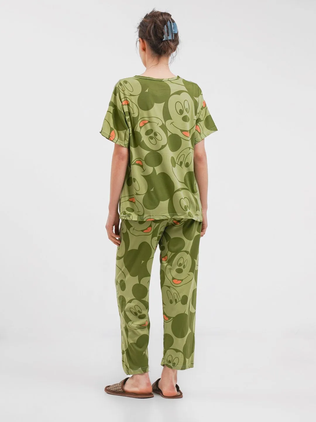 Sajiero Noise Cotton 3 Piece Printed Pajama Suit Olive Green