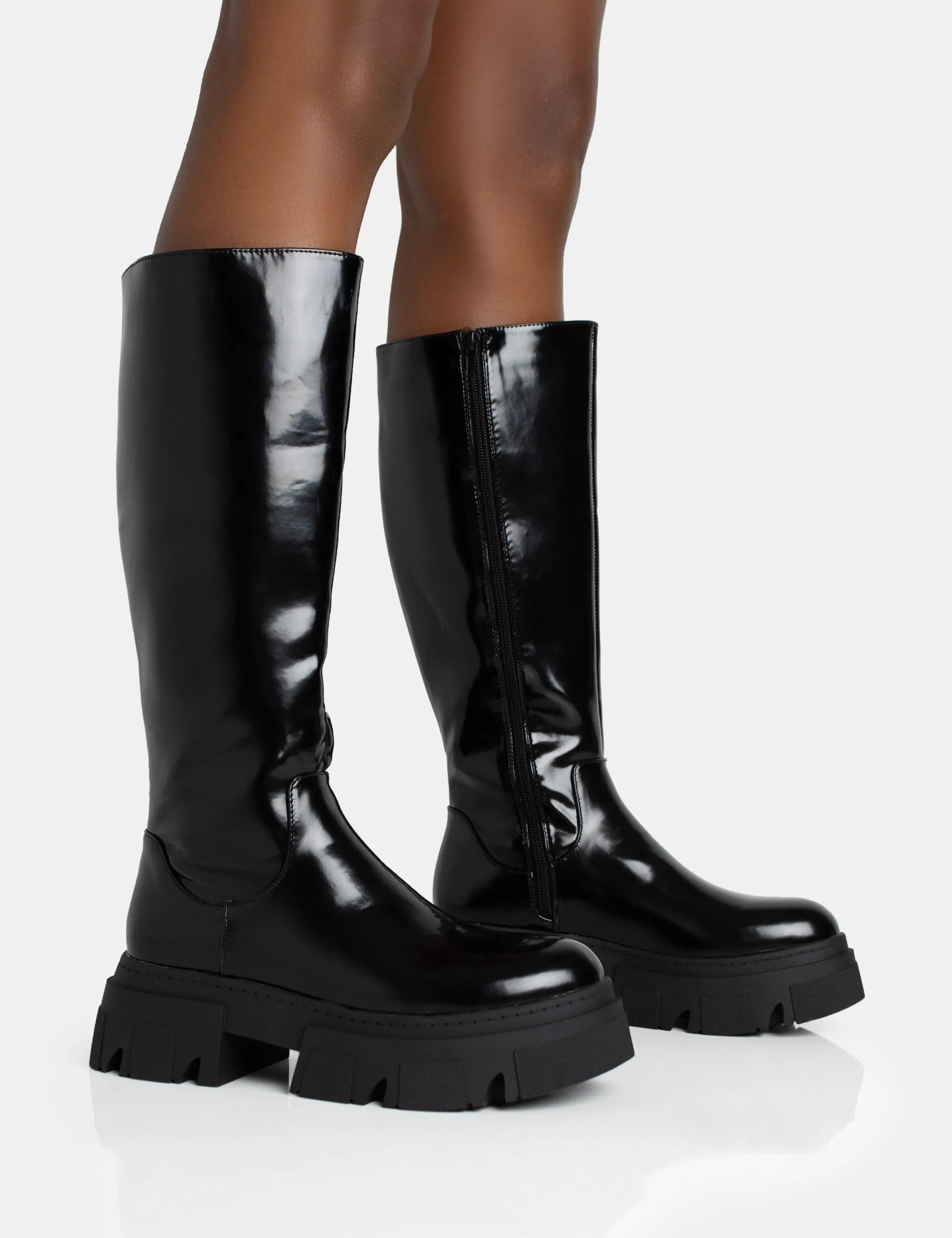 Scorpio Black Rubberised Pu Rounded Toe Chunky Sole Knee High Boots