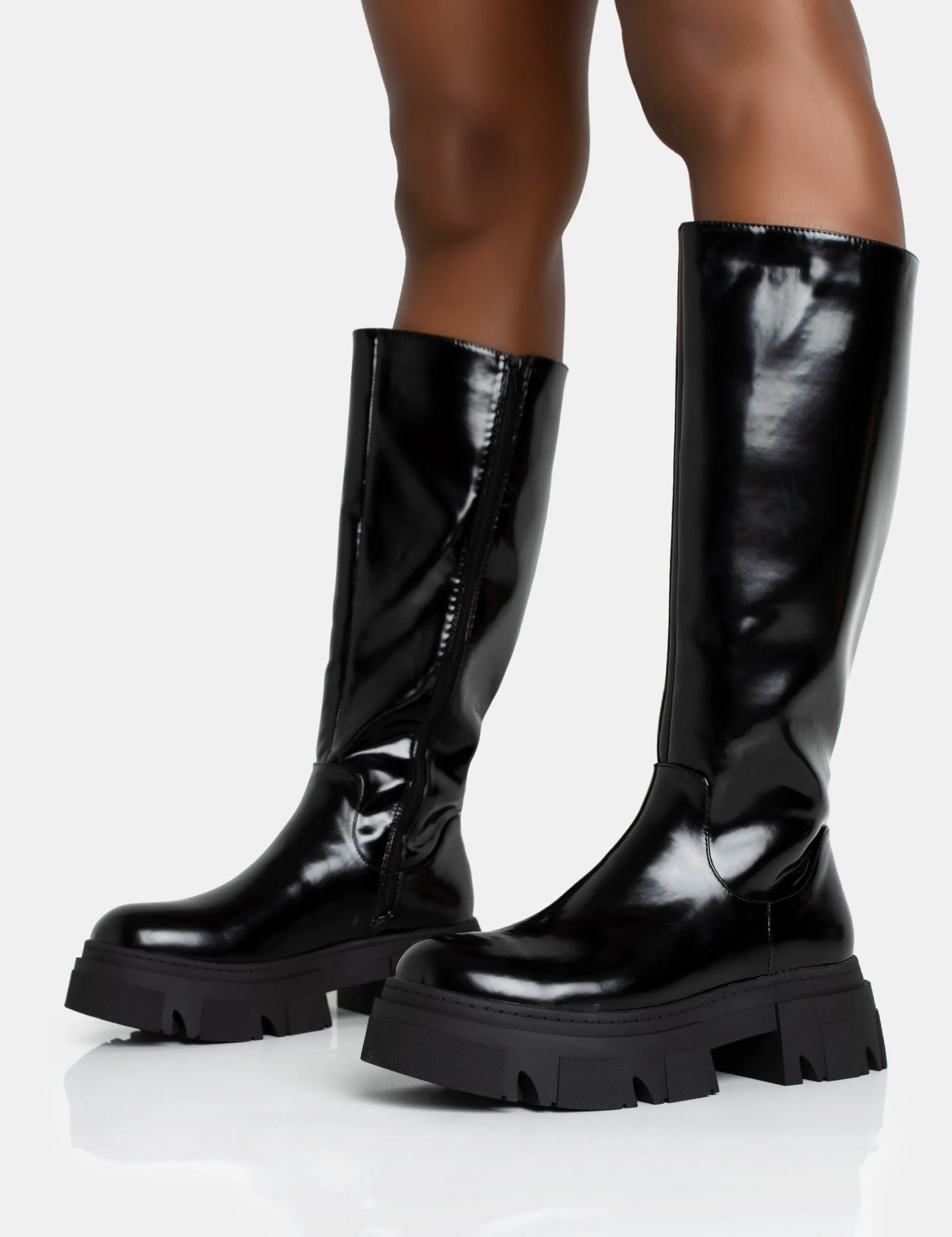 Scorpio Black Rubberised Pu Rounded Toe Chunky Sole Knee High Boots