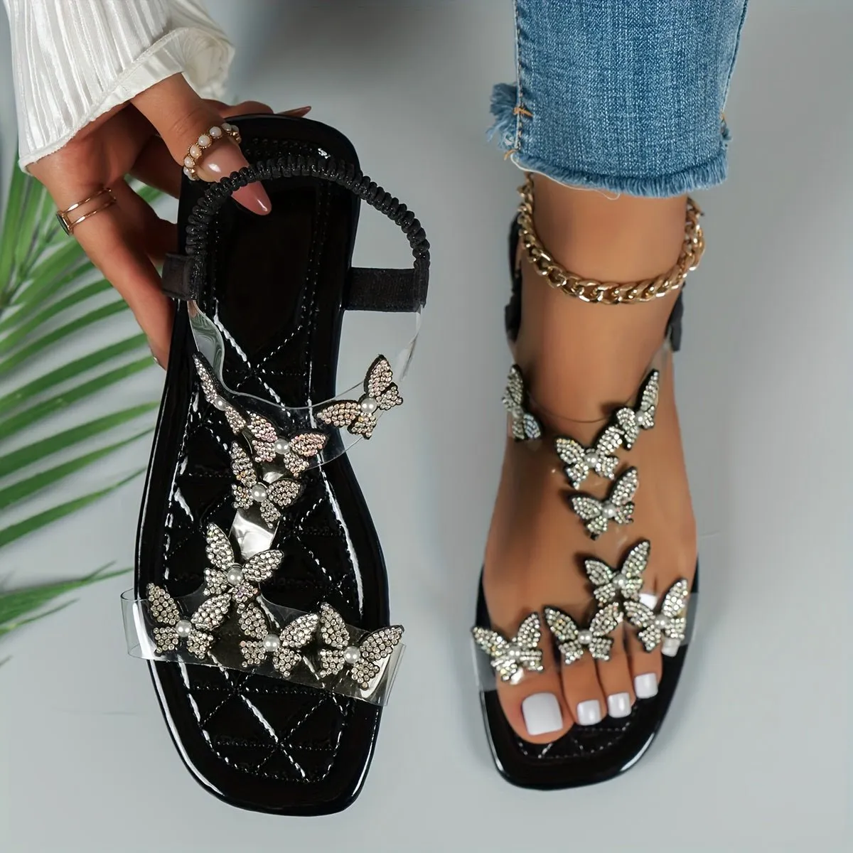 Shine in Style with Rhinestone Butterfly Flat Sandals for Women