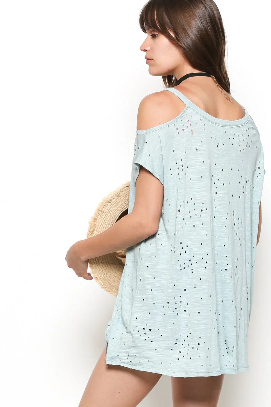 Short sleeve cold shoulders top with punched modal fabric