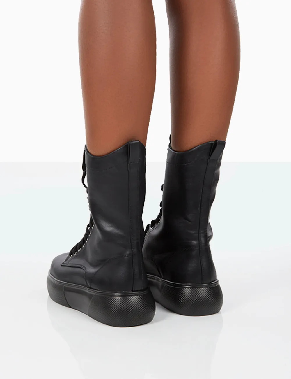 Travis Black Pu Lace Up Platform Chunky Sole Boots