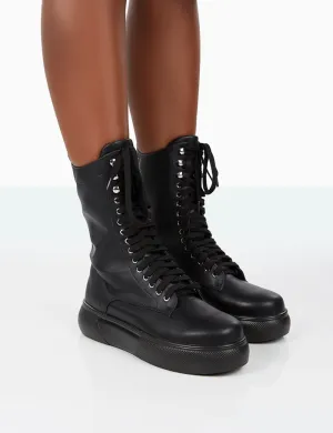 Travis Black Pu Lace Up Platform Chunky Sole Boots